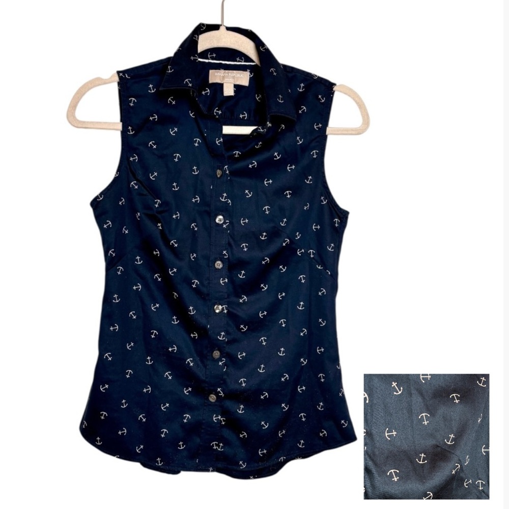 Banana Republic Navy Anchor Print Sleeveless Button Down Nautical Prep Size 0